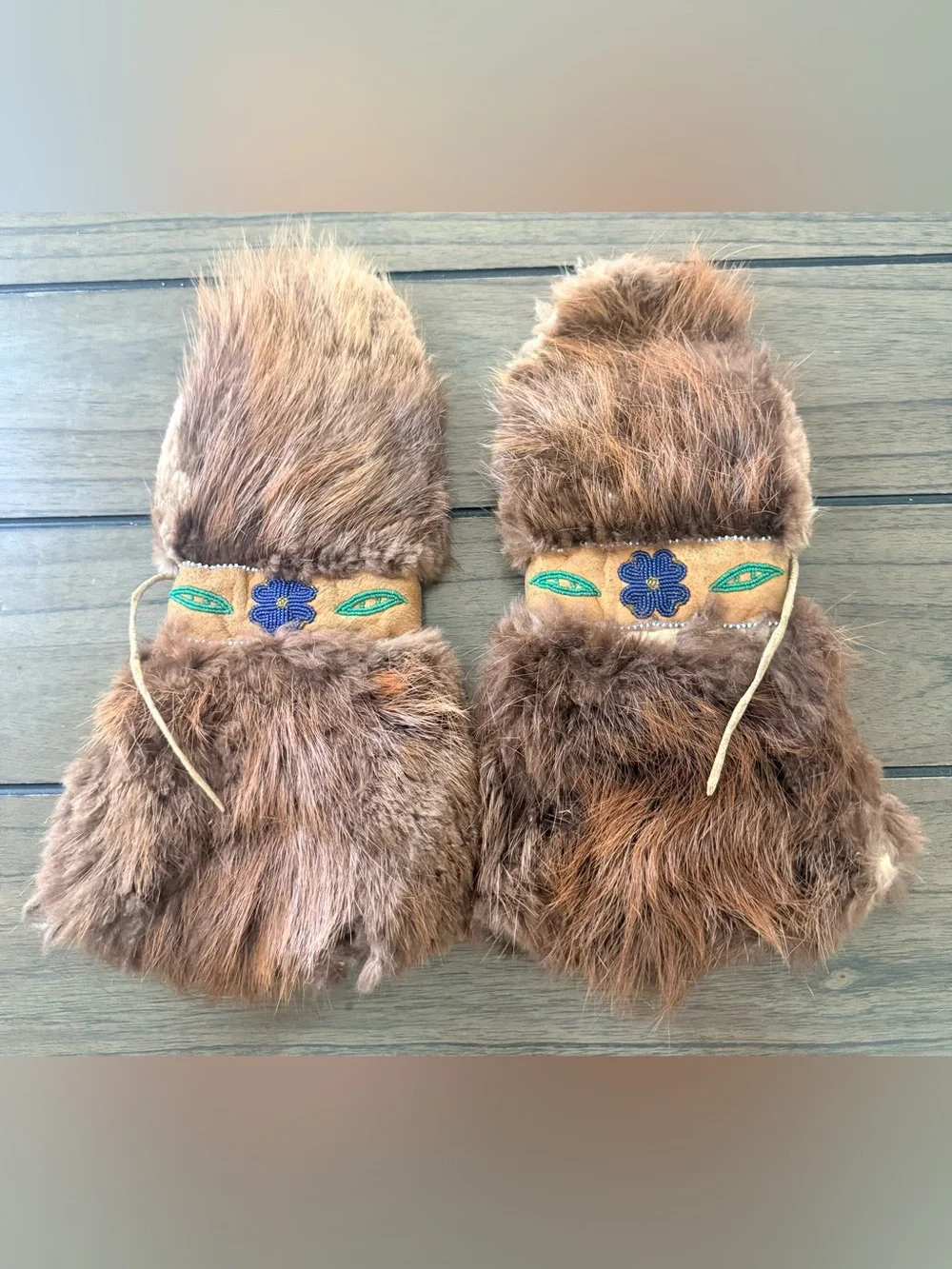 Vintage Alaskan Gauntlet Authentic Fur Woman’s Mitts with Floral Bead work.